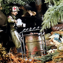 A scratchbuilt brazier and K rations boxes made the setting look "lived in."
